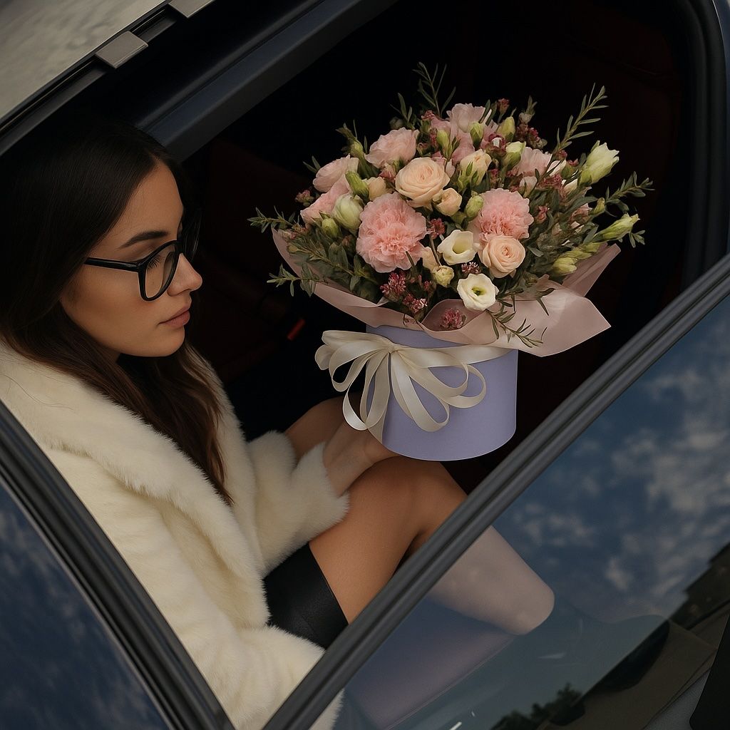 rose memory lane, white eustoma, pink spray roses, pink carnation, eucalyptus, chamelacium, packaging, ribbon