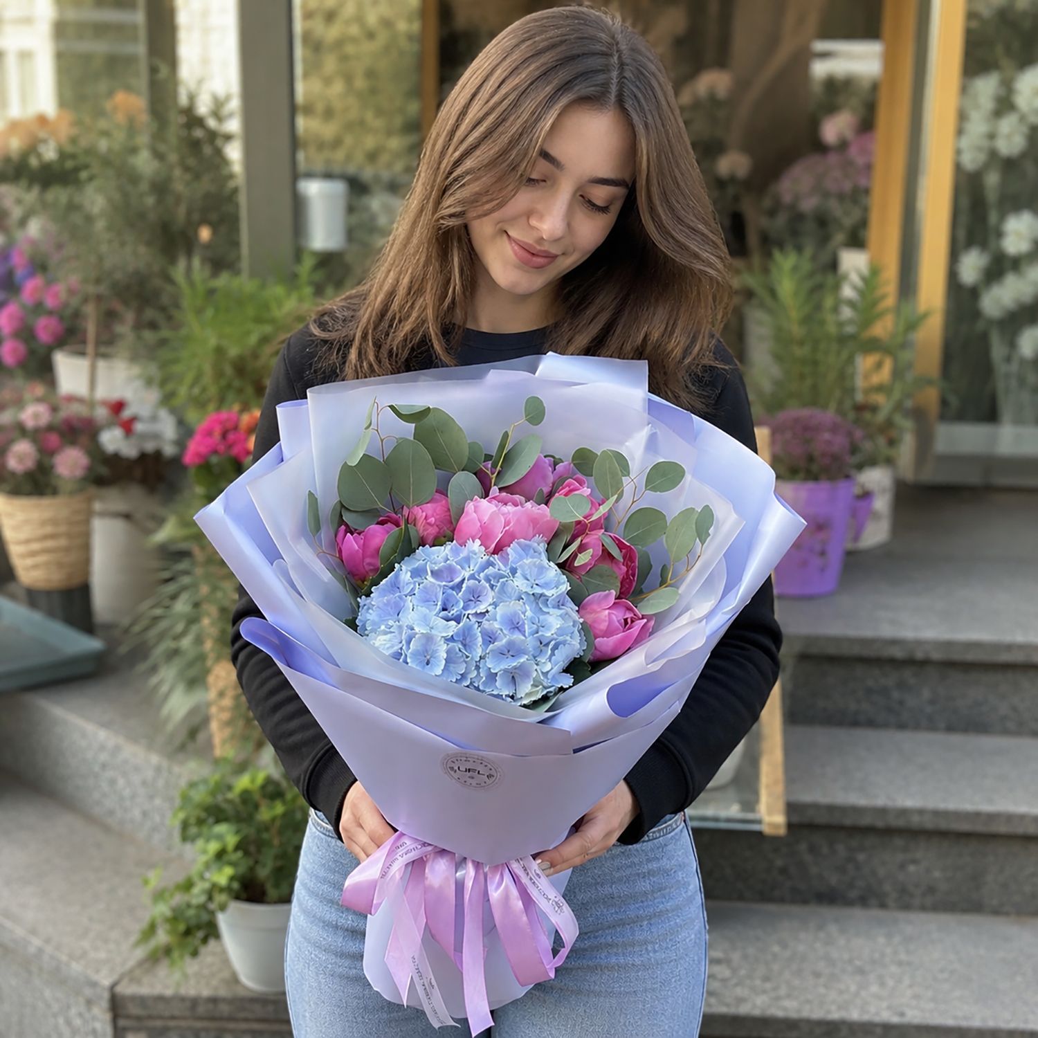 hydrangea, peony (7 pcs.), eucalyptus, packaging, ribbon