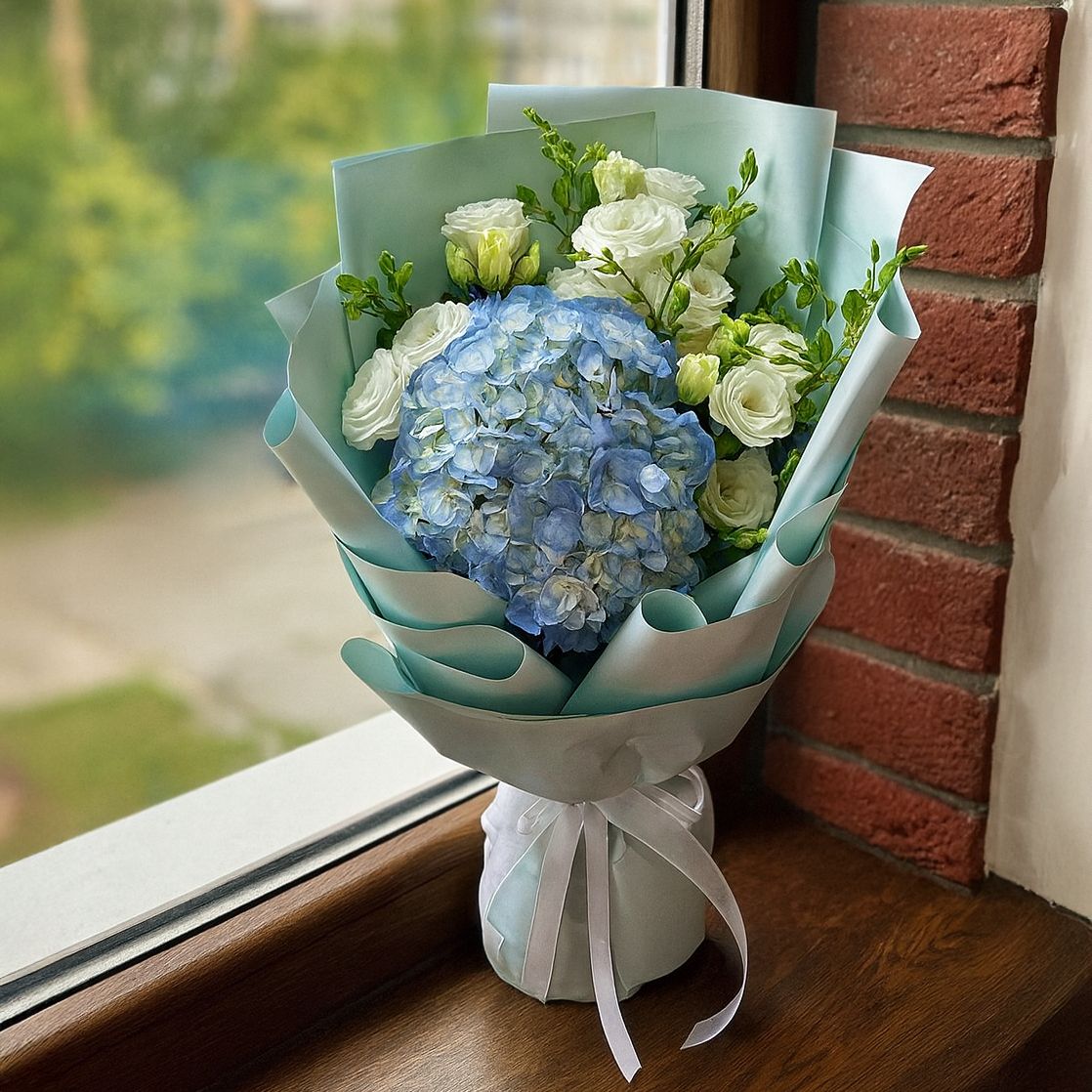 hydrangea, eustoma (3 pcs.), eucalyptus, packaging, ribbon