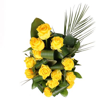 yellow rose (13 pcs.), aspidistra, packaging, ribbon