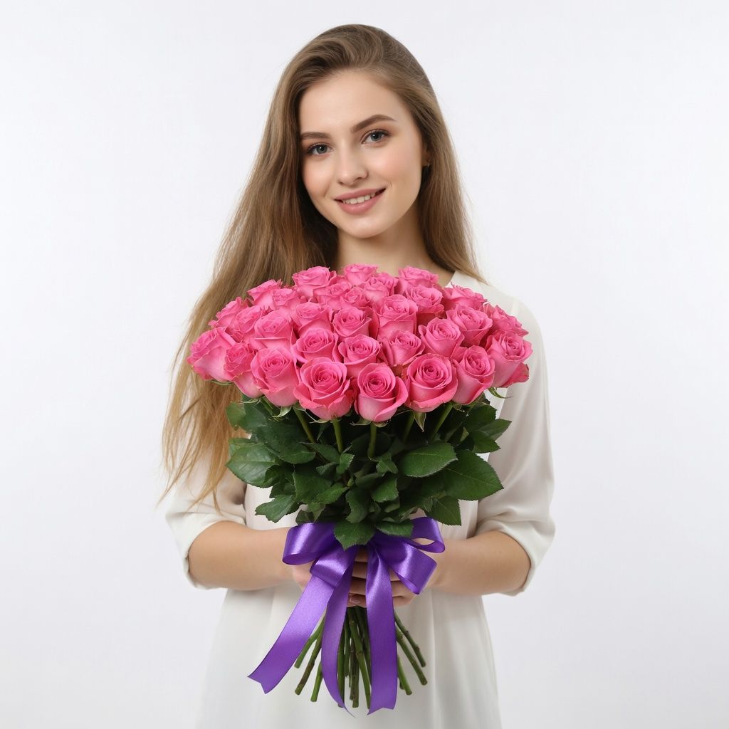 pink rose (25 pcs.), packaging, ribbon