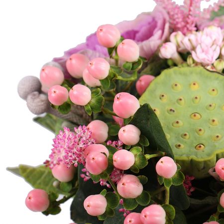 lotus, brunia (2 pcs.), bouvardia (2 pcs.), pink hypericum (3 pcs.), astilbe (3 pcs.), speedwell (2 pcs.), packaging, ribbon