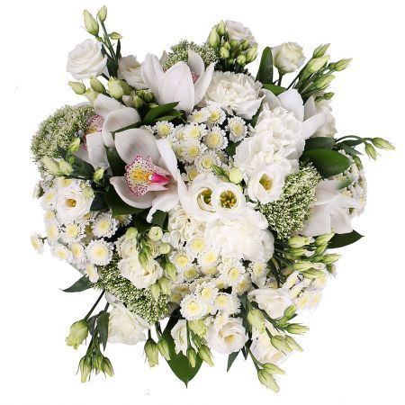 carnation, chrysanthemum, cymbidium, trachelium, eustoma, packaging, ribbon
