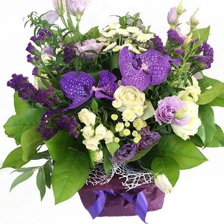 orchid, limonium, local white rose, white Stallion chrysanthemum, violet eustoma (2 pcs.), white spray rose, packaging, ribbon