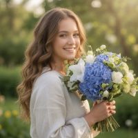 carnation, hydrangea, gladiolus, rose (10 pcs.), eustoma, freesia, packaging, ribbon