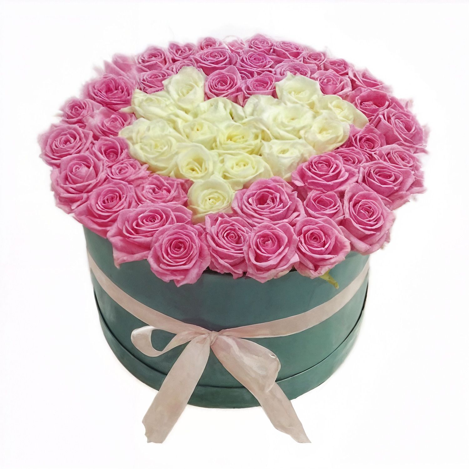 box, pink rose (26 pcs.), oasis, white rose (13 pcs.), packaging, ribbon