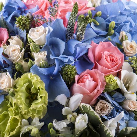 hydrangea, spray rose (8 pcs.), light eustoma, eucalyptus, coral rose (11 pcs.), Veronica (11 pcs.), round box, oasis, packaging, ribbon