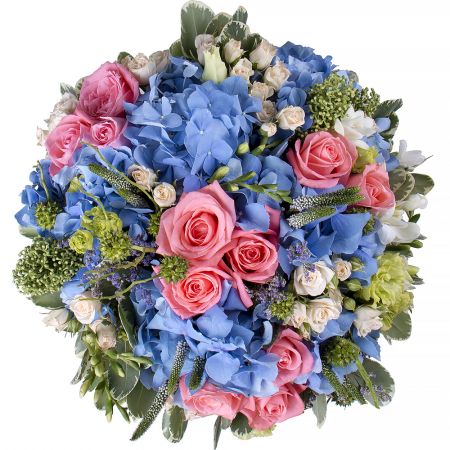 hydrangea, spray rose (8 pcs.), light eustoma, eucalyptus, coral rose (11 pcs.), Veronica (11 pcs.), round box, oasis, packaging, ribbon