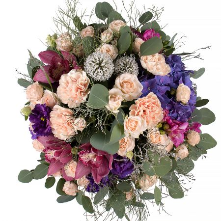 hydrangea, spray rose (9 pcs.), eucalyptus, round box, freesia (7 pcs.), oasis, packaging, ribbon