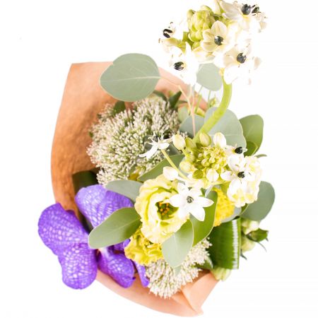 eustoma, orchid, eucalyptus (2 pcs.), ornithogalum (2 pcs.), heleborus, trachelium, packaging, tape