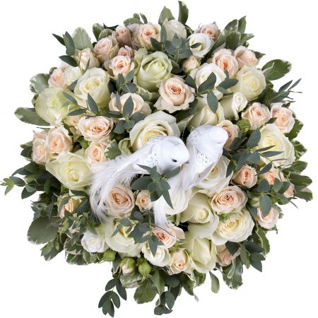 white rose (21 pcs.), cream spray rose (10 pcs.), eucalyptus, decorative elements, oasis, round box, packaging, ribbon