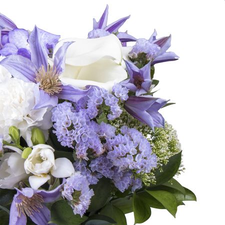 statice, clematis, calla, carnation, vanda orchid, trachelium (3 pcs.), freesia, packaging, ribbon