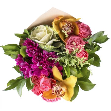 chrysanthemum, brassica, cymbidium (2 pcs.), spray rose, packaging, ribbon