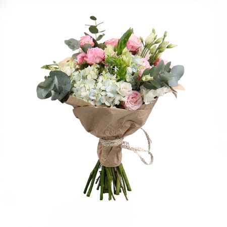 hydrangea, ornithogalum, white eustoma, eucalyptus, pink spray roses (4 pcs.), cream rose, packaging, ribbon