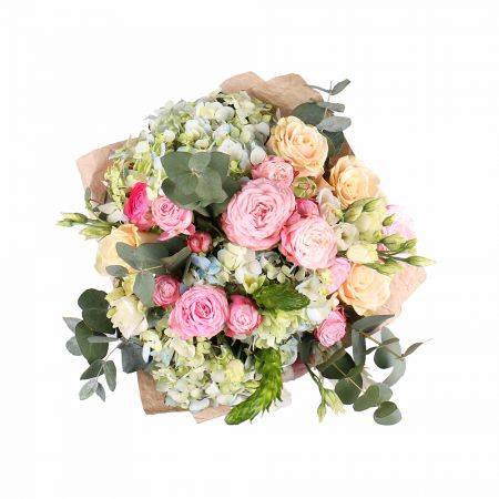 hydrangea, ornithogalum, white eustoma, eucalyptus, pink spray roses (4 pcs.), cream rose, packaging, ribbon