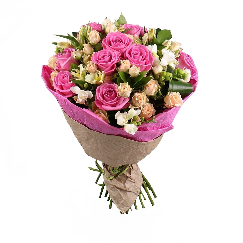 pink rose (11 pcs.), white freesia, white alstroemeria, cream spray rose, packaging, ribbon