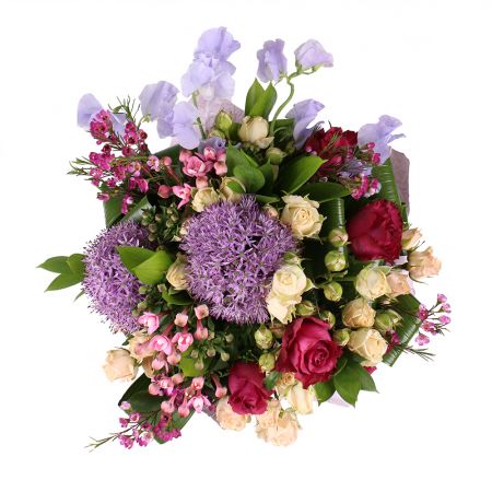 allium, premium pink rose, lilac lathyrus, chamelacium, cream spray rose, aspidistra, packaging, ribbon