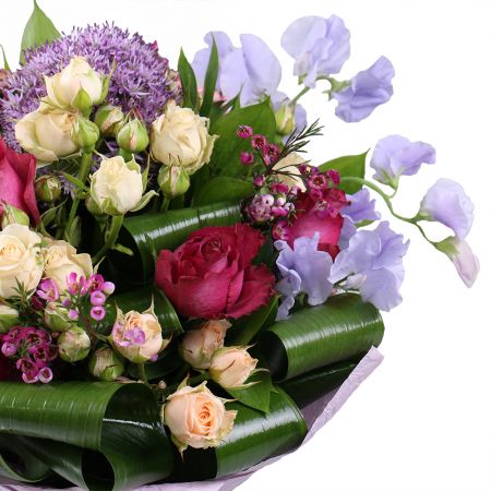 allium, premium pink rose, lilac lathyrus, chamelacium, cream spray rose, aspidistra, packaging, ribbon