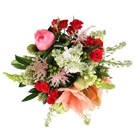 peony, astilbe, mathiola (7 pcs.), ornithogalum, skimmia, aspidistra (7 pcs.), spray rose, packaging, ribbon