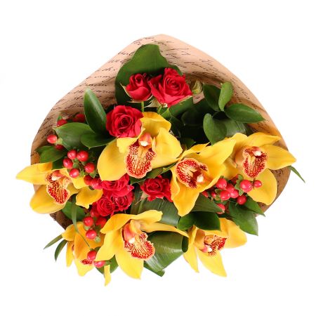 hypericum, bush rose, aspidistra, cymbidium, packaging, tape