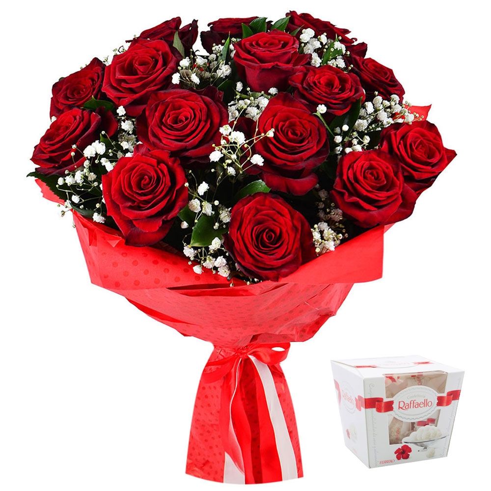 gypsophila, raffaello candies 150 g, rose (15 pcs.), packaging, ribbon