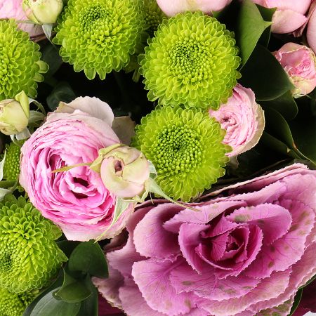 chrysanthemum, spray rose, brassica, packaging, ribbon