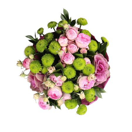 chrysanthemum, spray rose, brassica, packaging, ribbon