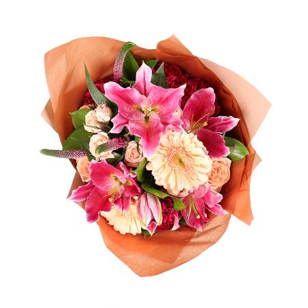 lilies, speedwell, cappuccino rose (Holland), carnation (7 pcs.), cream gerbera, packaging, ribbon