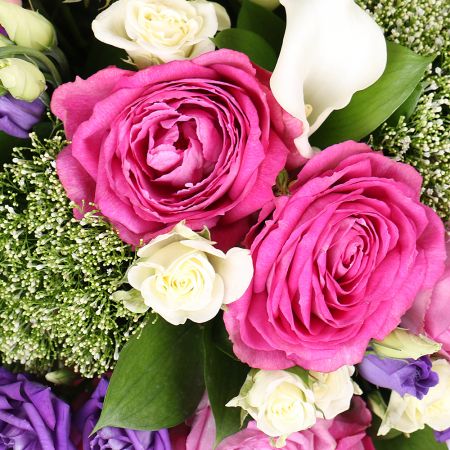 callas, pink hypericum, white bush rose, lavender bush rose, oasis, white trachelium, packaging, ribbon