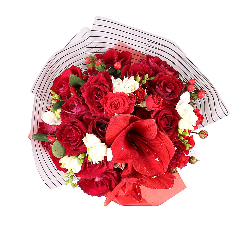 rose (15 pcs.), freesia, hypericum, amaryllis, spray rose, packaging, ribbon