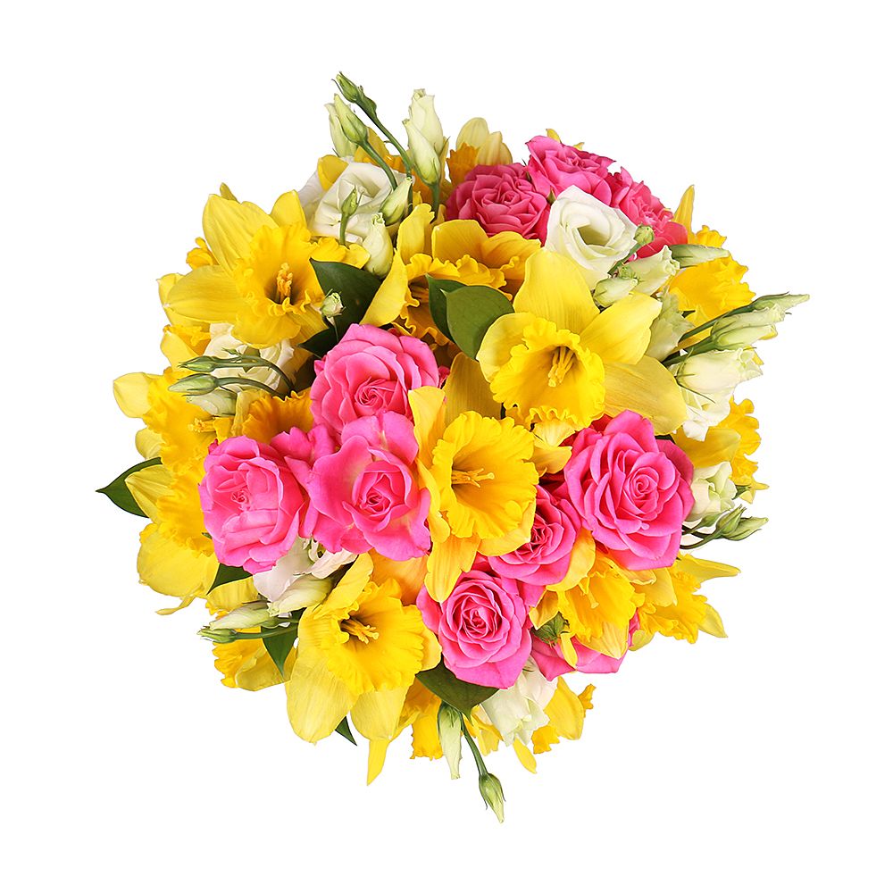 spray roses, eustoma, narcissus (25 pcs.), packaging, ribbon