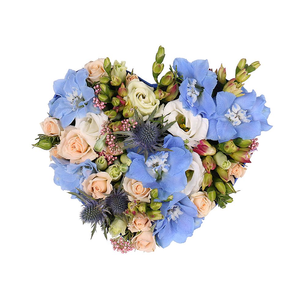 delphinium, oasis, spray rose (2 pcs.), eryngium, freesia (3 pcs.), eustoma (2 pcs.), heart-shaped box, packaging, ribbon