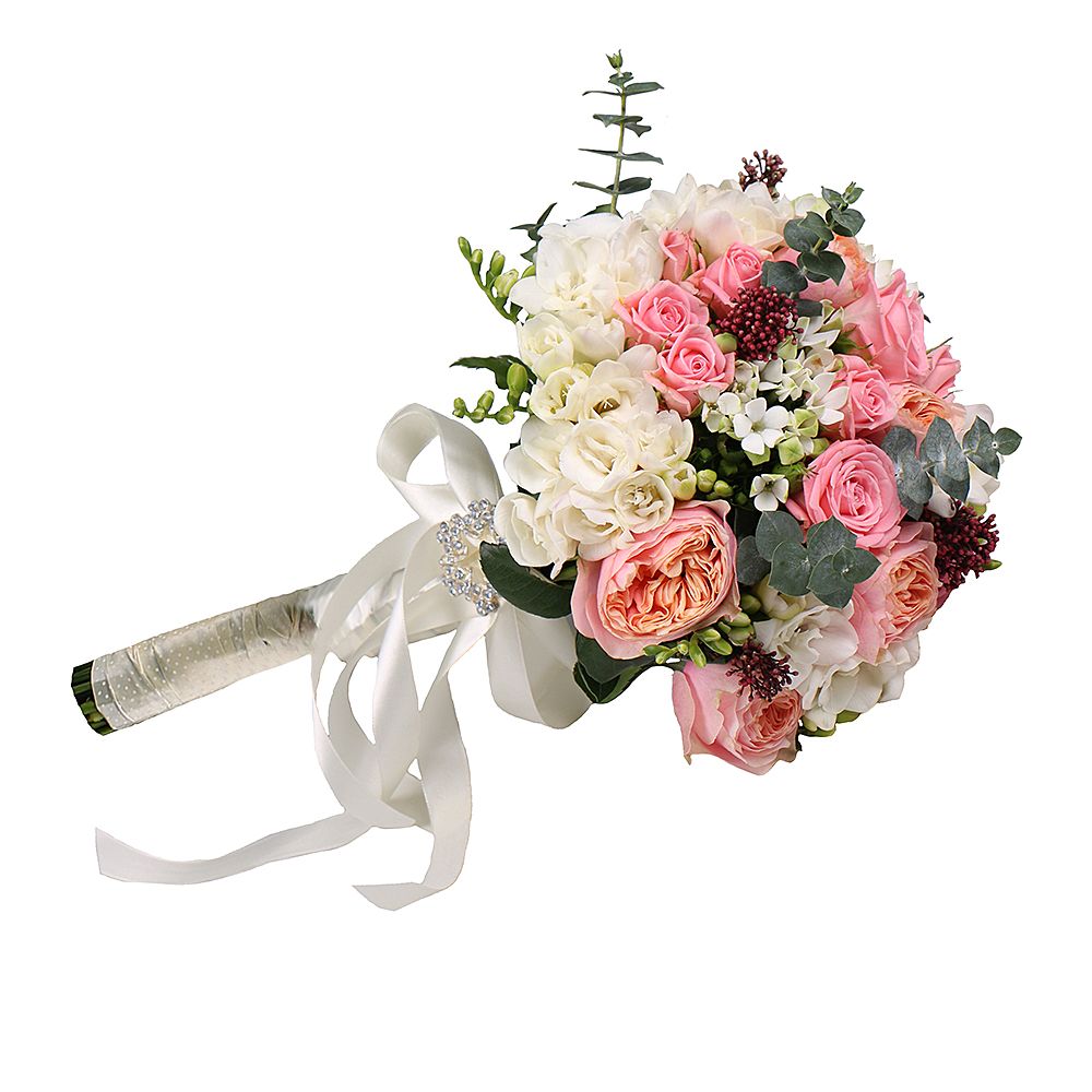 vuvuzela rose, freesia (7 pcs.), spray roses, eucalyptus, skimmia, packaging, ribbon