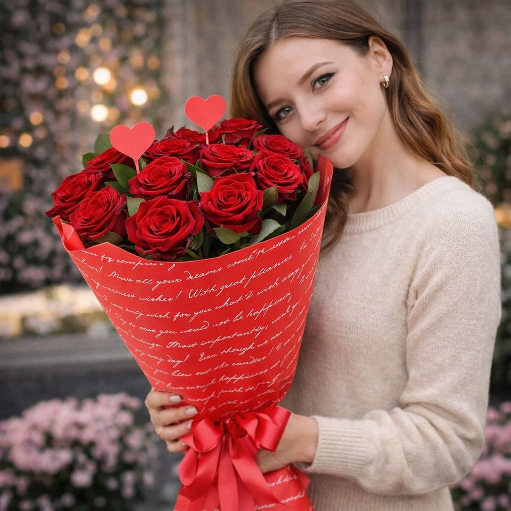 rose (11 pcs.), decorative heart, packaging, ribbon