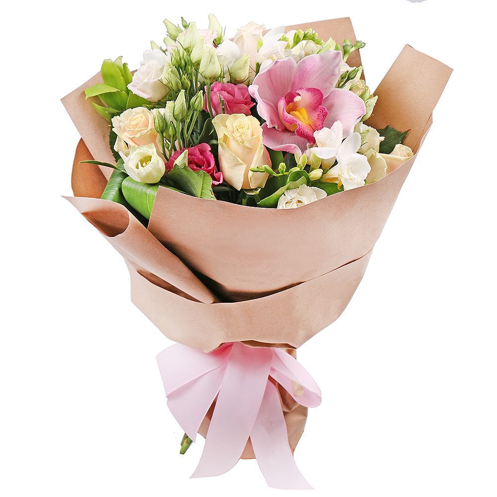 cream rose, white freesia, white eustoma, pink eustoma, pink cymbidium, packaging, ribbon