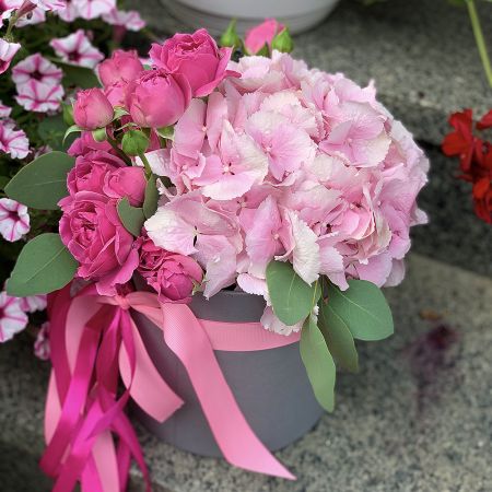 pink hydrangea, rose silva pink bubbles (5 pcs.), oasis, round box, packaging, ribbon