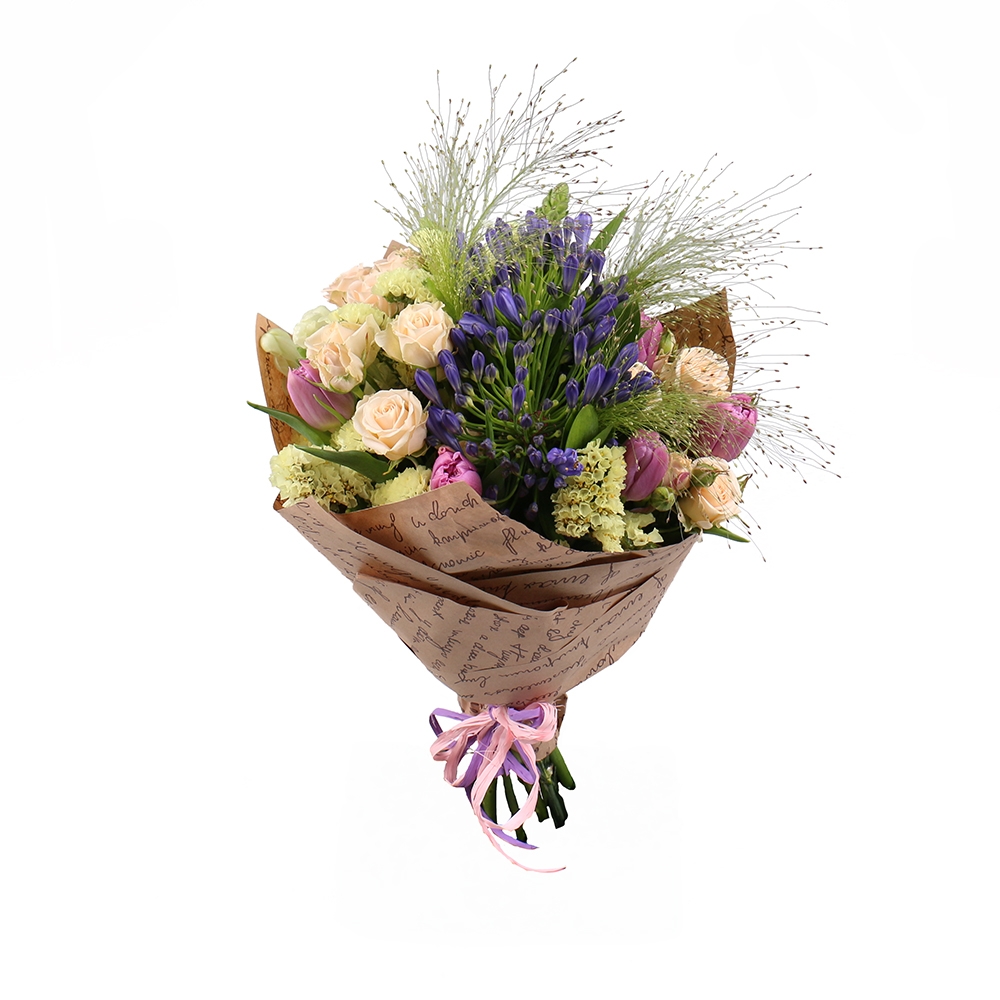 agapanthus, tulip (7 pcs.), spray rose, yellow statice, panicum, matiola, packaging, ribbon