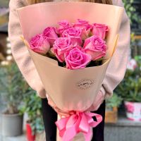 pink rose (9 pcs.), packaging, ribbon