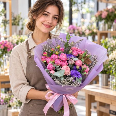 spray roses, trachelium, rose silva pink bubbles, violet eustoma, eucalyptus, packaging, ribbon