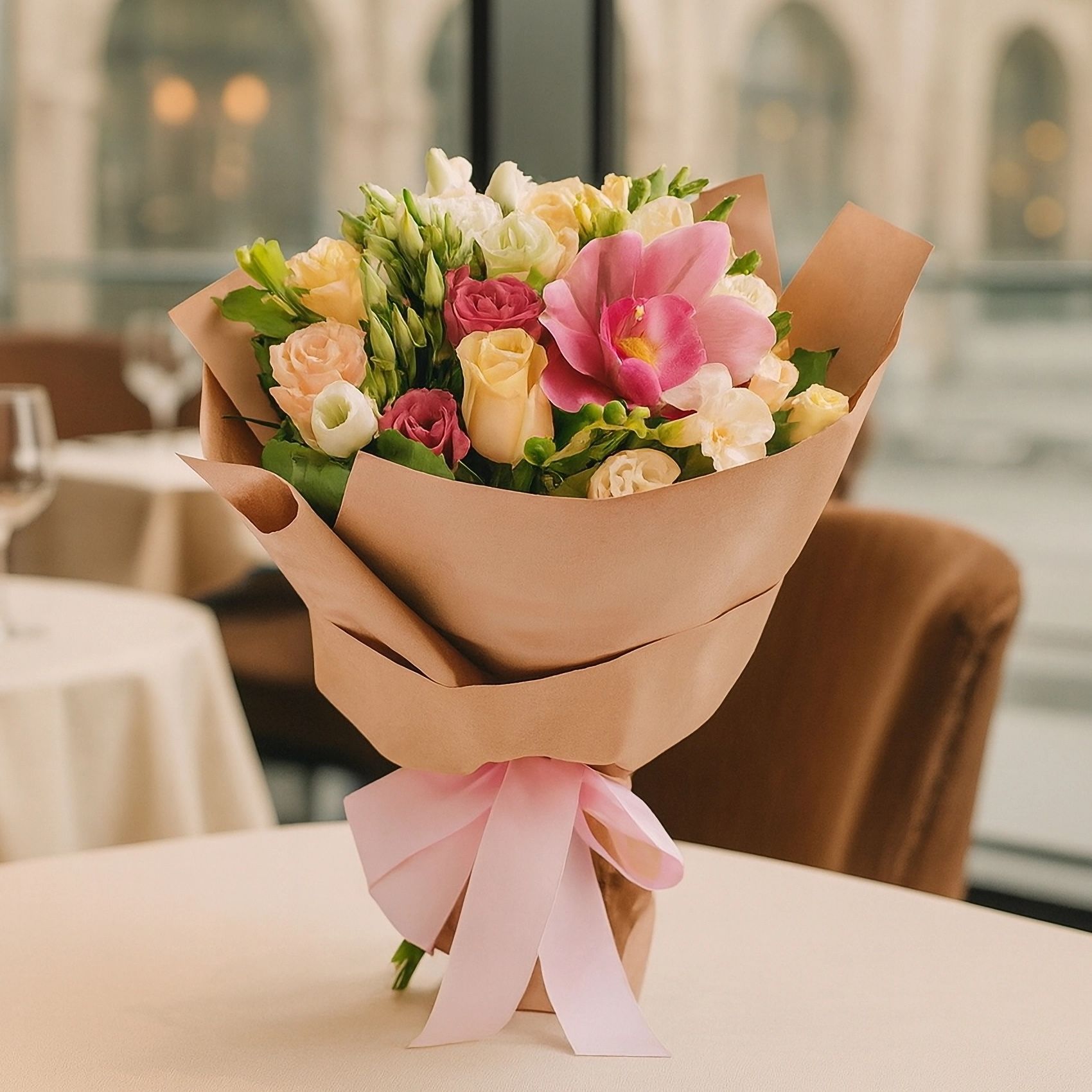 cream rose, white freesia, white eustoma, pink eustoma, pink cymbidium, packaging, ribbon