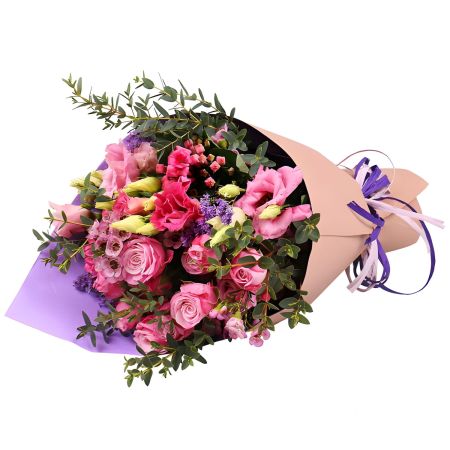 bouvardia, chamelacium, rosea eustoma, limonium, eucalyptus, packaging, tape