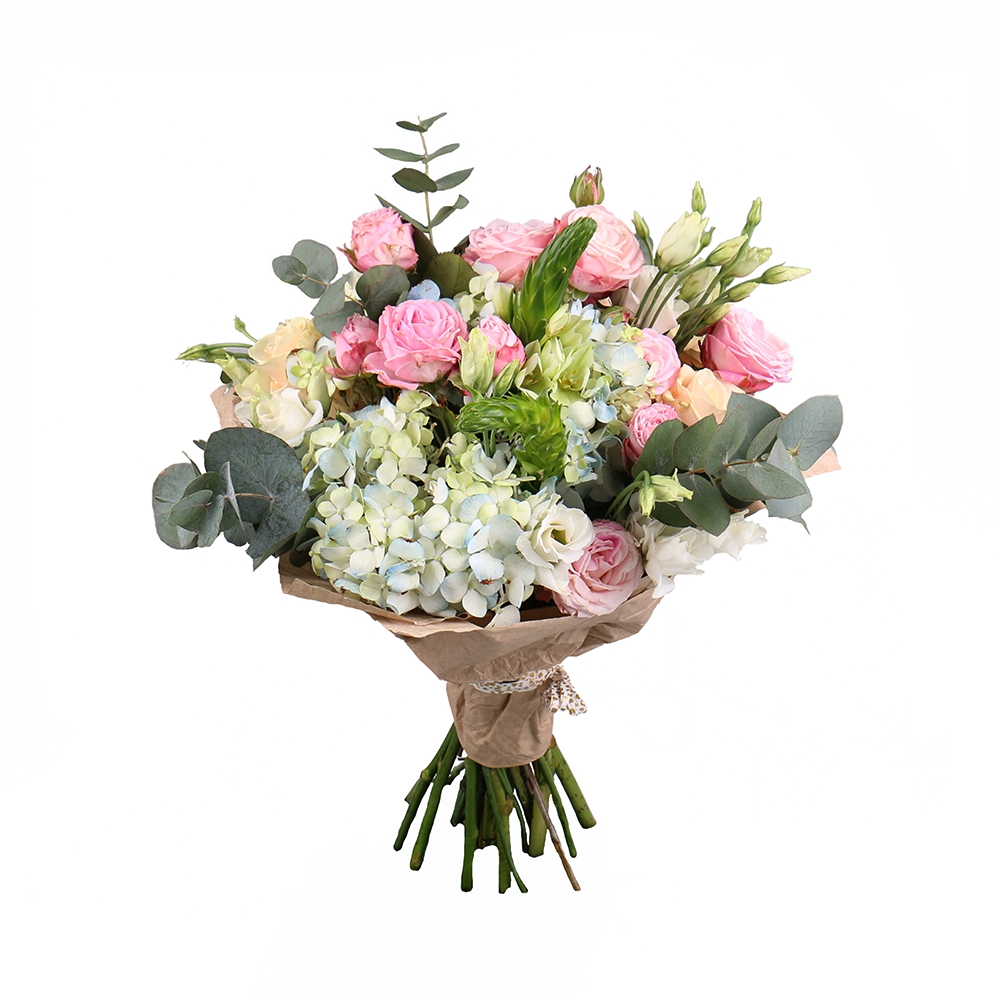 hydrangea, ornithogalum, white eustoma, eucalyptus, pink spray roses (4 pcs.), cream rose, packaging, ribbon