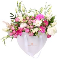 freesia, eustoma, carnation, freesia, rose (5 pcs.), medium heart box, packaging, ribbon