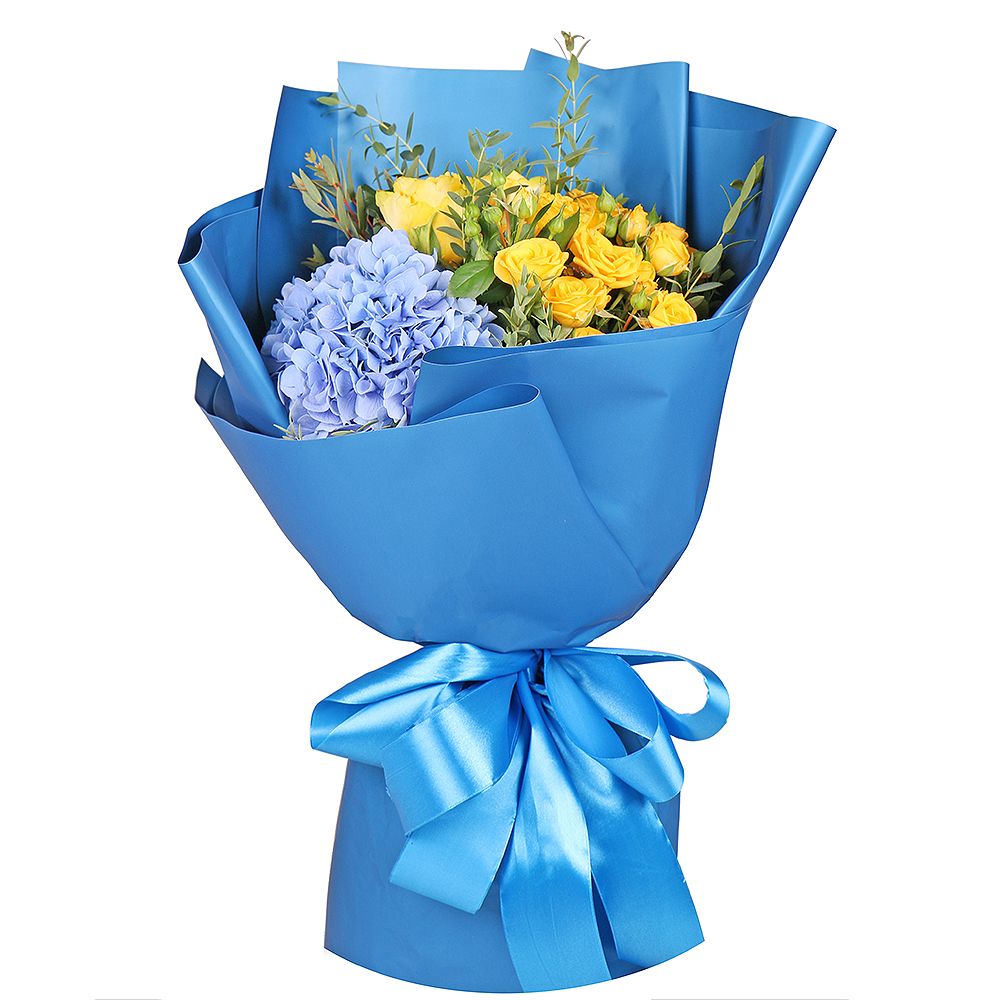 hydrangea, yellow rose (3 pcs.), yellow spray rose (3 pcs.), eucalyptus, packaging, ribbon