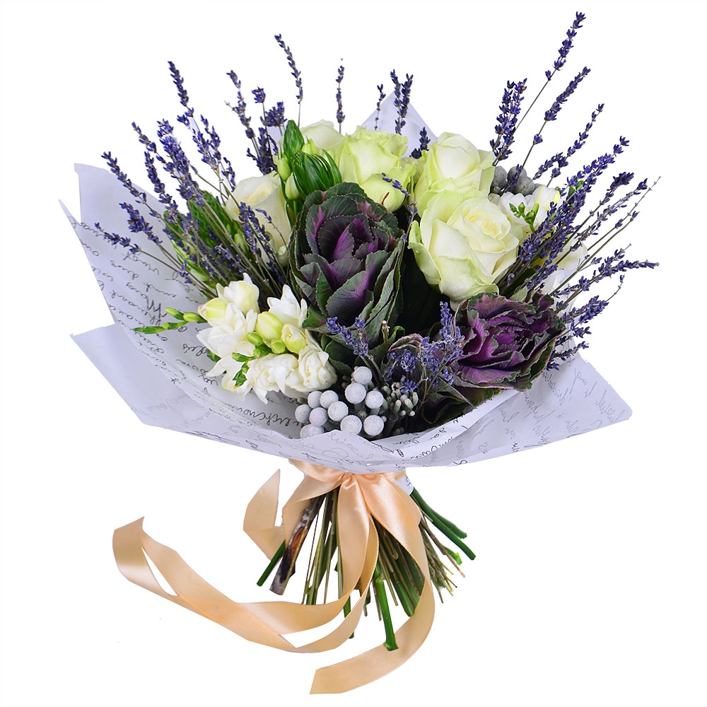 white rose (9 pcs.), lavender, brunia (2 pcs.), white freesia (5 pcs.), ornithogalum (4 pcs.), packaging, ribbon