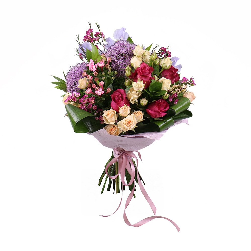 allium, premium pink rose, lilac lathyrus, chamelacium, cream spray rose, aspidistra, packaging, ribbon