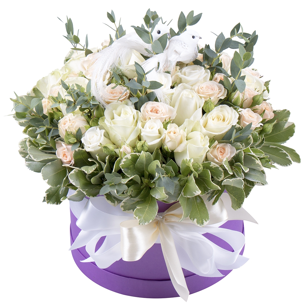 white rose (21 pcs.), cream spray rose (10 pcs.), eucalyptus, decorative elements, oasis, round box, packaging, ribbon