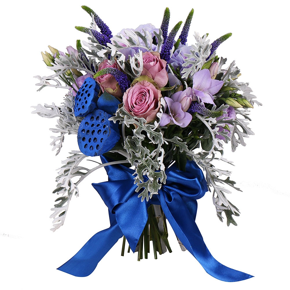 hydrangea, cappuccino rose (3 pcs.), freesia (5 pcs.), eustoma, speedwell (10 pcs.), lotus, packaging, ribbon