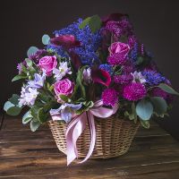 calla, rose, solidago, eucalyptus, basket m, oasis, chrysanthemum, clematis, packaging, ribbon