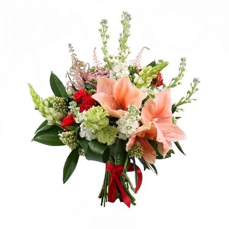 peony, astilbe, mathiola (7 pcs.), ornithogalum, skimmia, aspidistra (7 pcs.), spray rose, packaging, ribbon